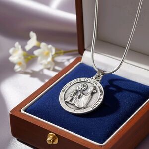 Vintage God Bless You on Confirmation Christian Silver Medal Pendant Necklace